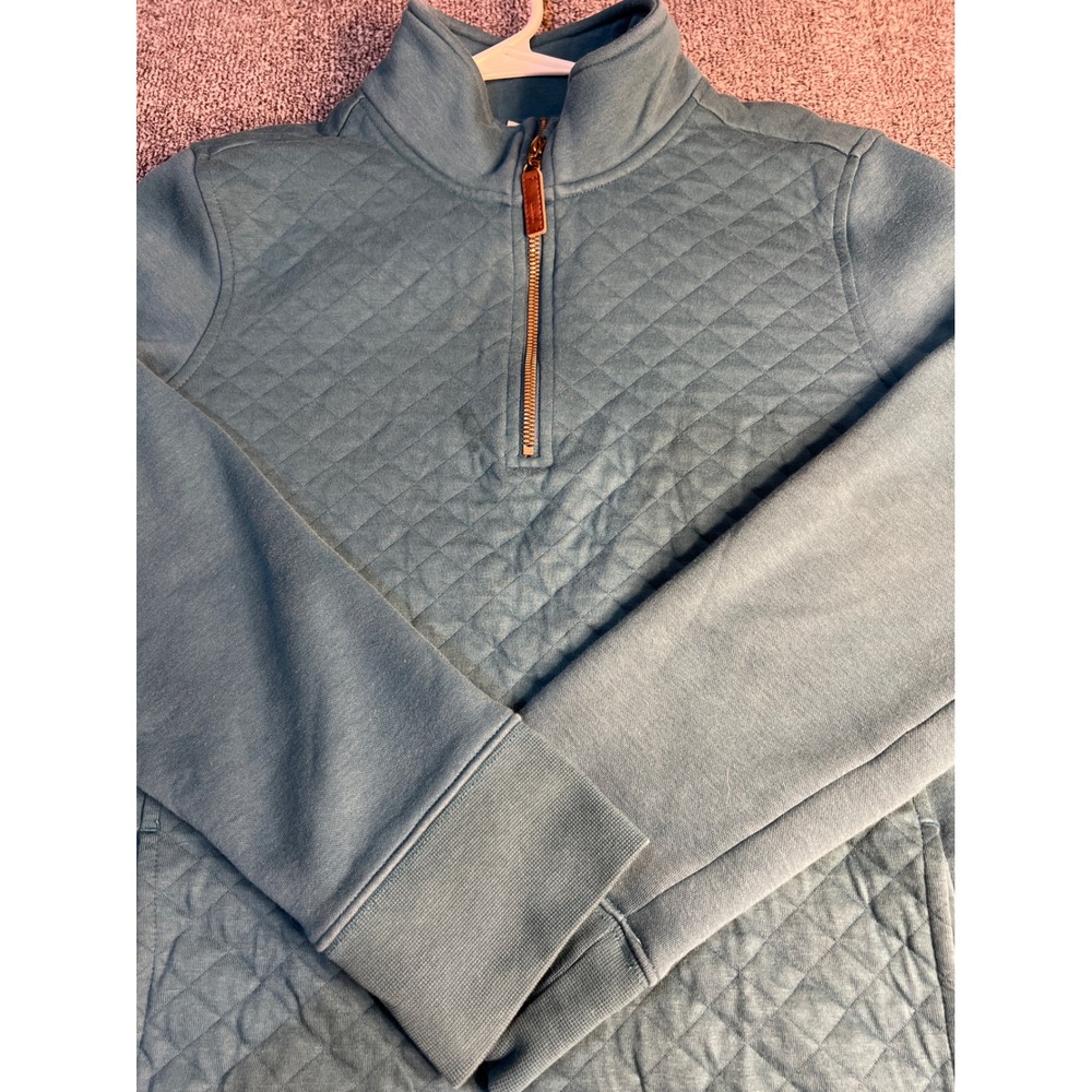 LL Bean Womens Quilted Quarter Zip Pullover Sweatshirt Teal Blue Large L Regular